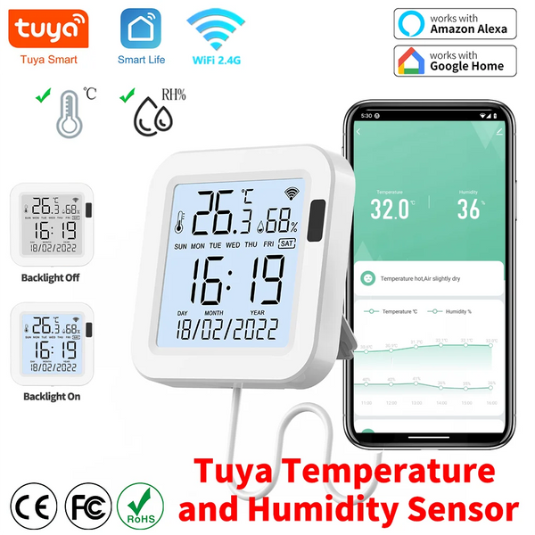 Tuya WiFi Smart Temperature & Humidity Sensor with Backlight, Works with Alexa & Google
