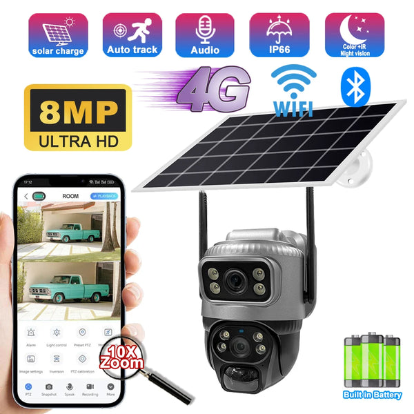 8MP 4K Solar 4G WiFi Outdoor Camera with Dual Lens & PIR Detection