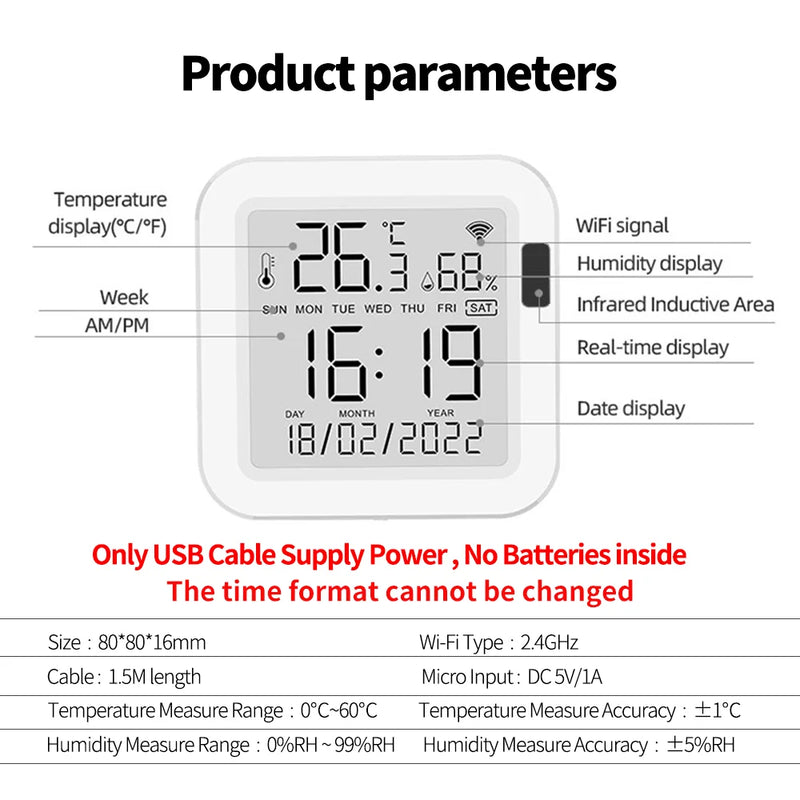 Tuya WiFi Smart Temperature & Humidity Sensor with Backlight, Works with Alexa & Google