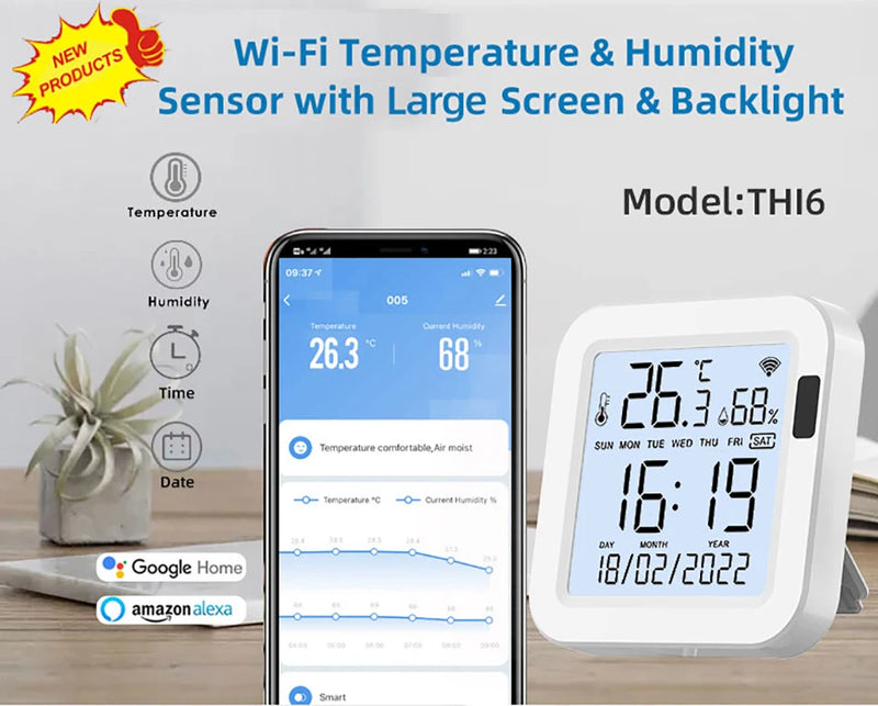 Tuya WiFi Smart Temperature & Humidity Sensor with Backlight, Works with Alexa & Google