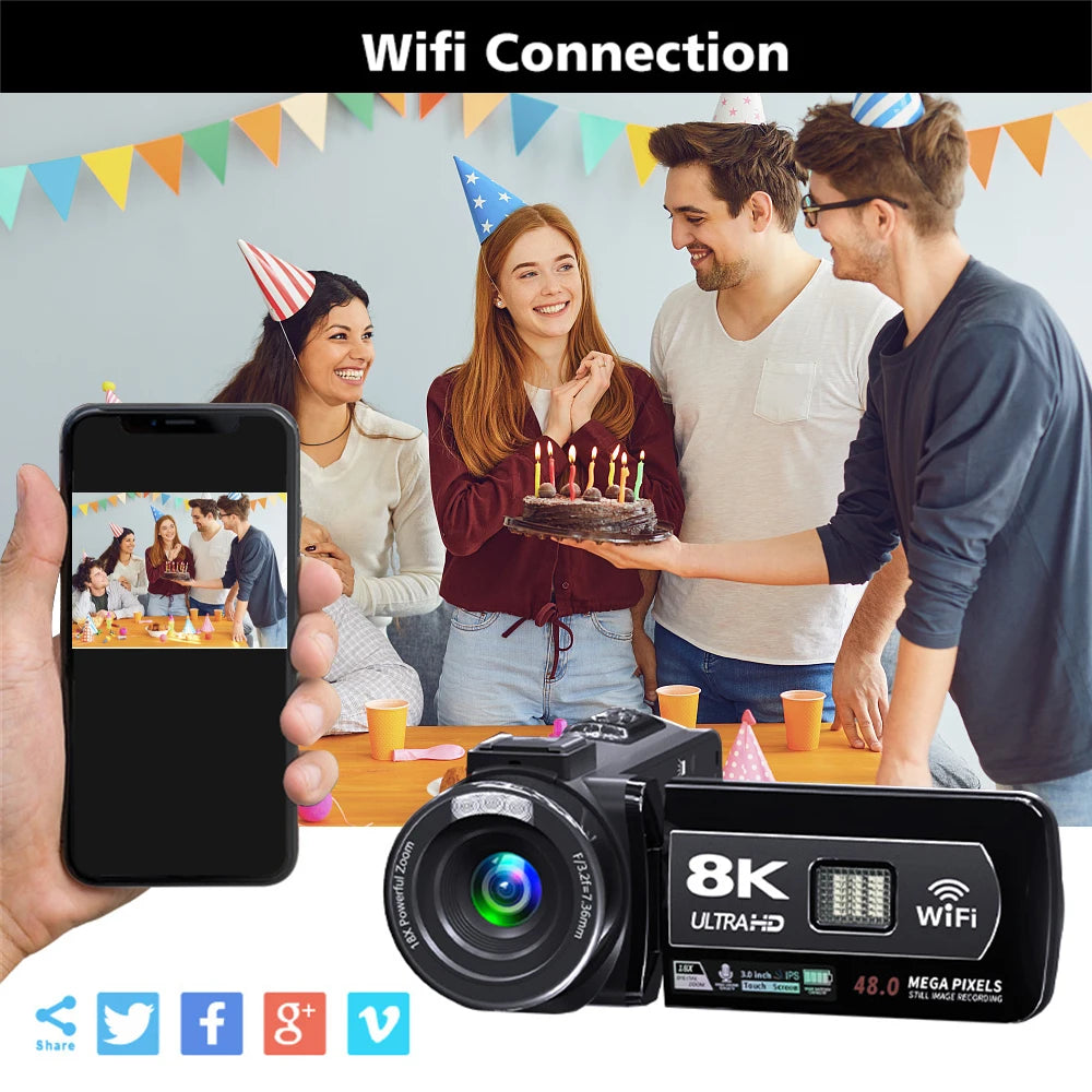 8K 48MP Digital Camera with 18X Zoom & 3" Touch Screen Camcorder