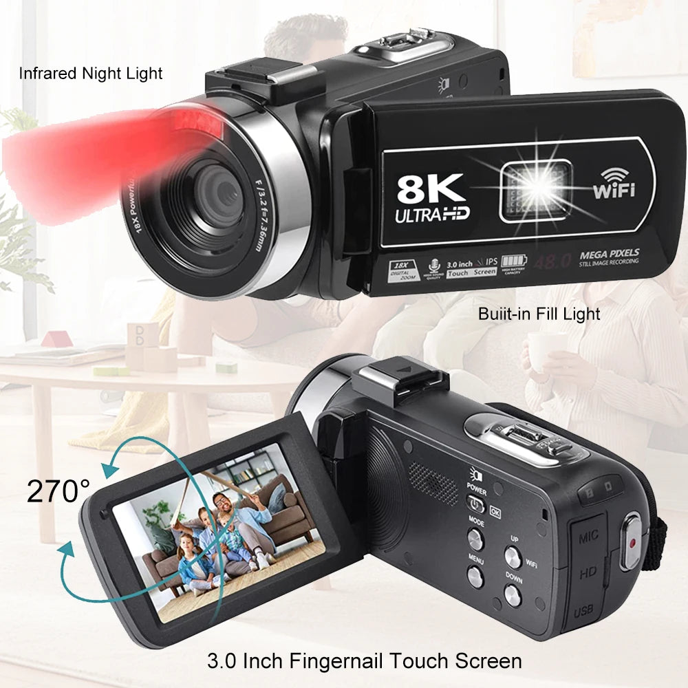 8K 48MP Digital Camera with 18X Zoom & 3" Touch Screen Camcorder