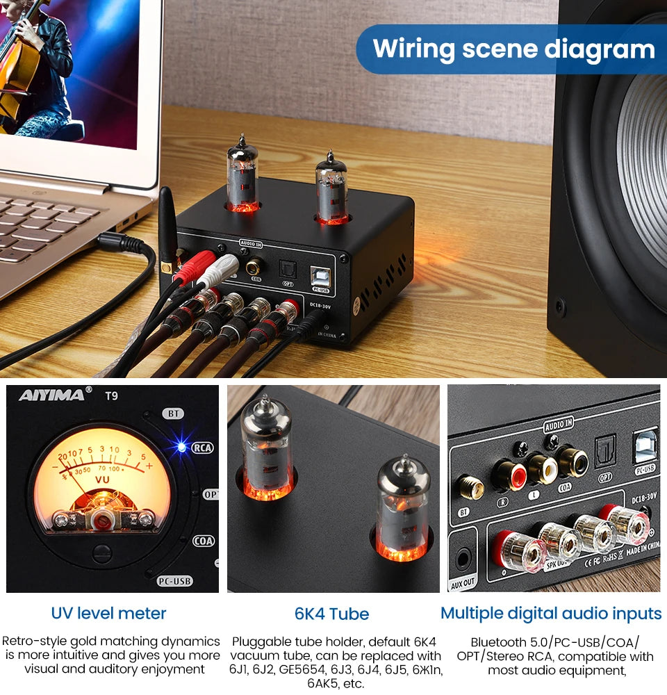 AIYIMA T9 Bluetooth Tube Amplifier 100W HiFi DAC Receiver