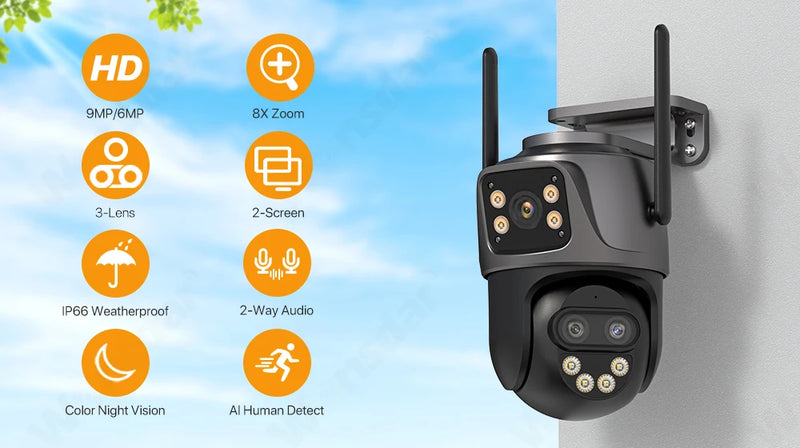 6K 9MP WiFi PTZ Outdoor Camera with Triple Lens & 8X Zoom
