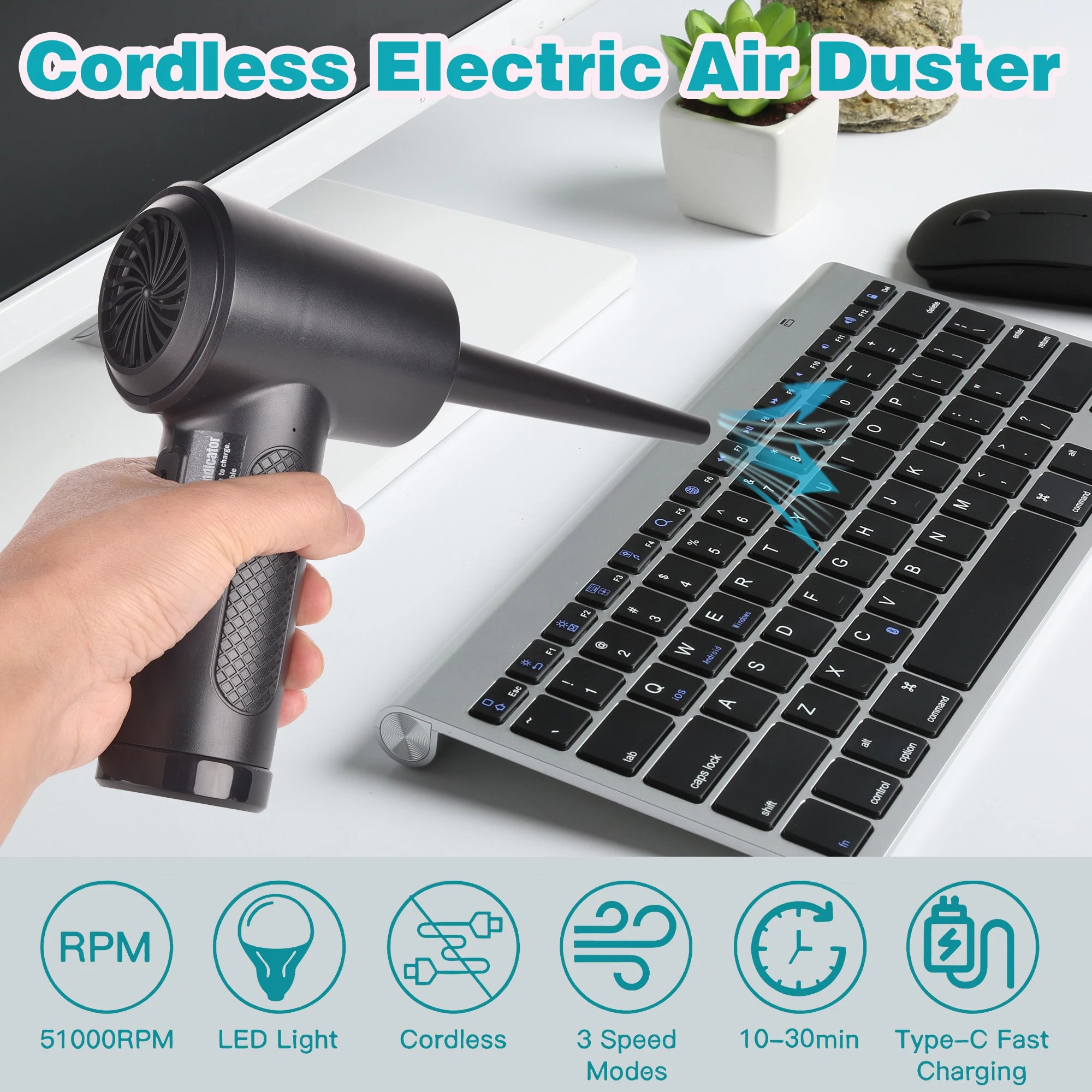 Cordless Air Duster – 51000RPM Compressed Air Blower with LED for PC & Keyboard