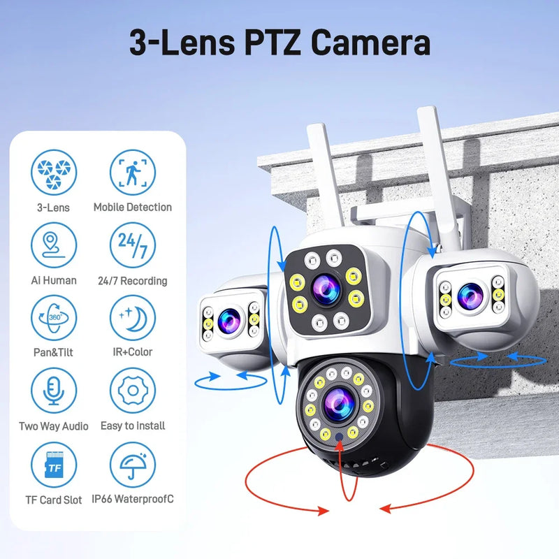 ANSVICAM 6K PTZ Camera – Triple Lens 360° Outdoor WiFi Surveillance (12MP, IP66)