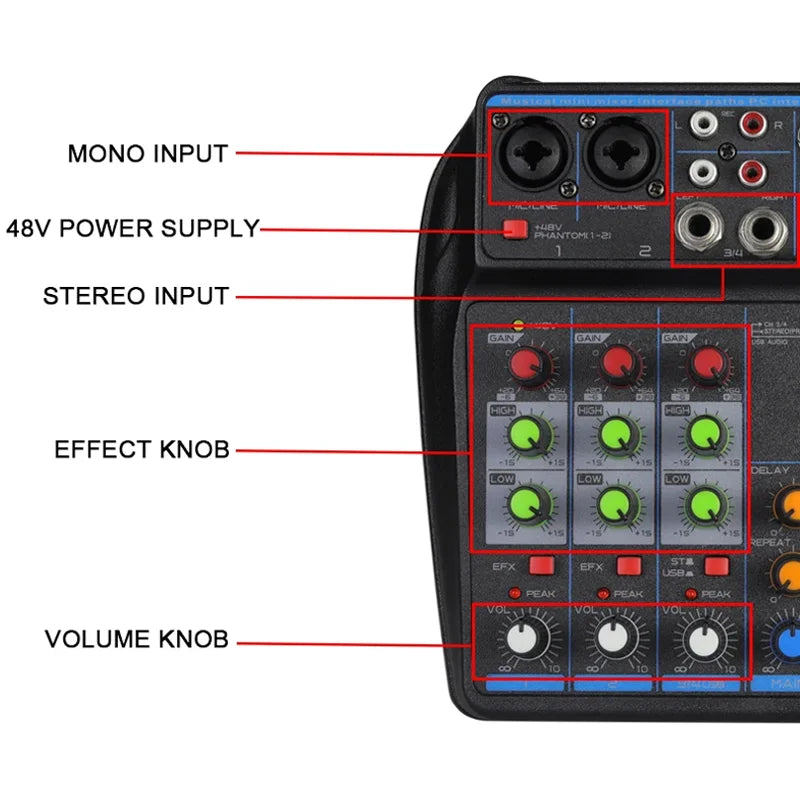 4-Channel DJ Mixer – Bluetooth Console with USB & 48V Phantom Power