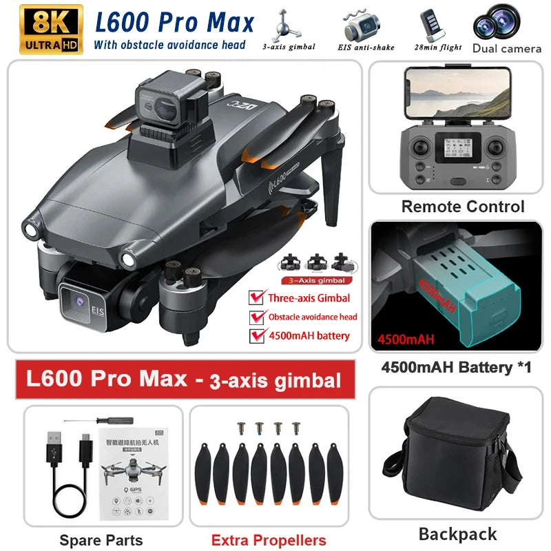 L600 PRO MAX 4K GPS Drone – Dual Camera, 3-Axis Gimbal & 360° Obstacle Avoidance