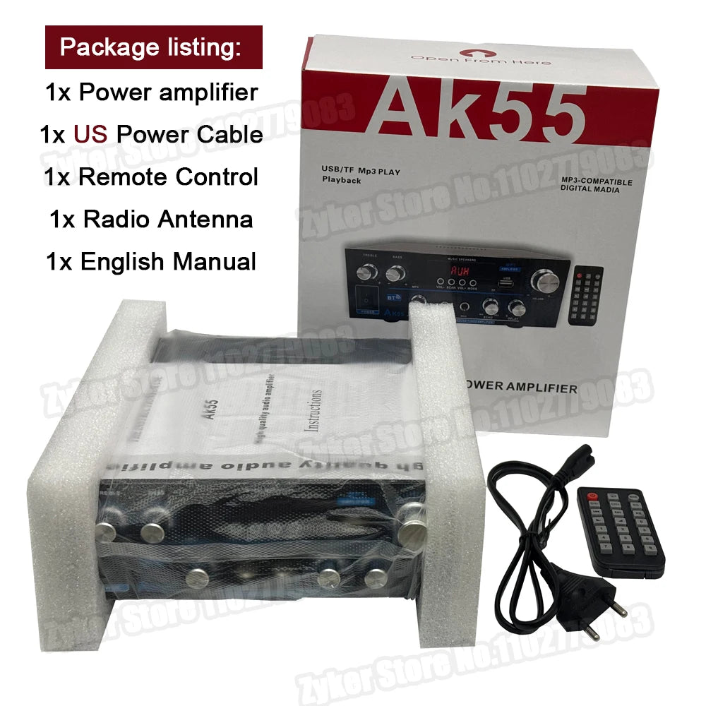 AK55 HiFi Bluetooth Amplifier – 2.0 Channel 90W×2 Surround Sound Amp