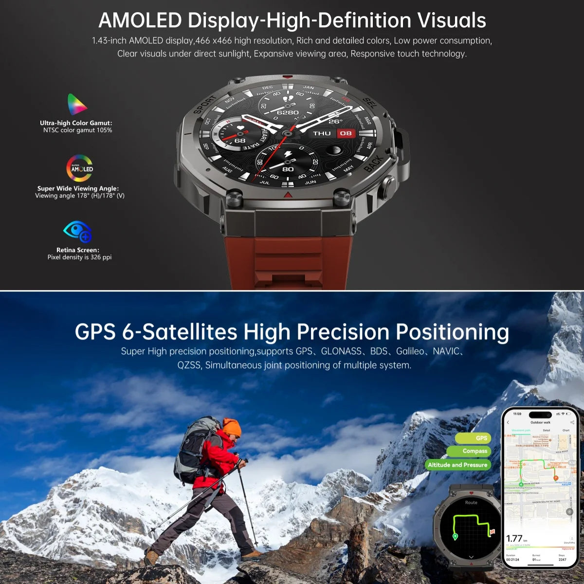 2025 GPS Smartwatch – AMOLED, Compass, Altimeter, 60-Day Battery, Bluetooth Call