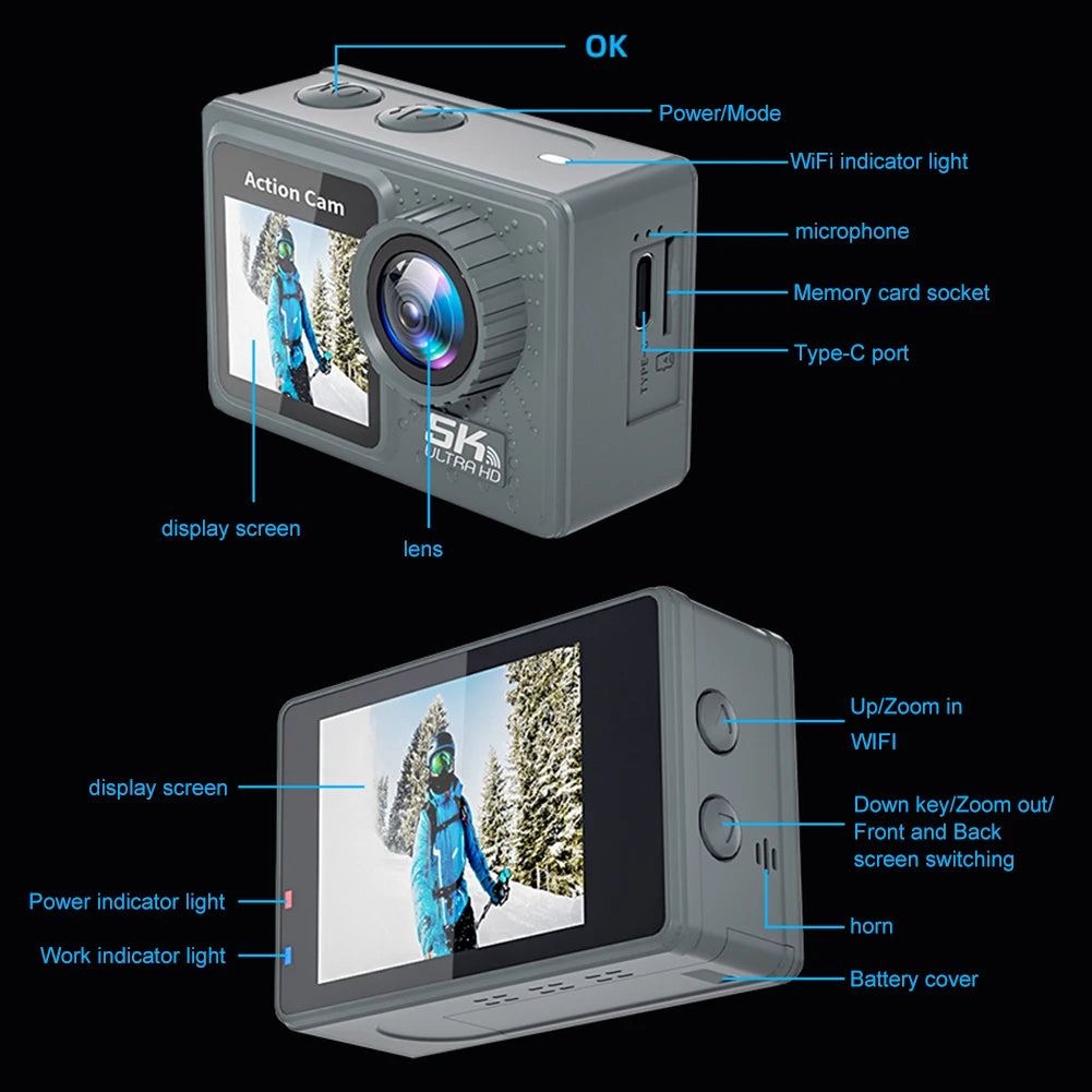 5K/4K 60FPS Dual Screen Waterproof Action Camera