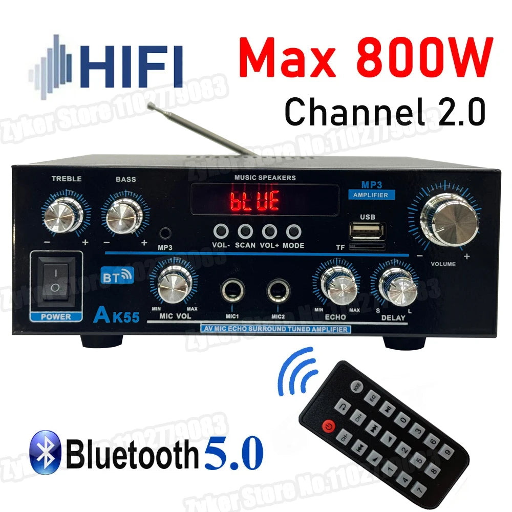 AK55 HiFi Bluetooth Amplifier – 2.0 Channel 90W×2 Surround Sound Amp