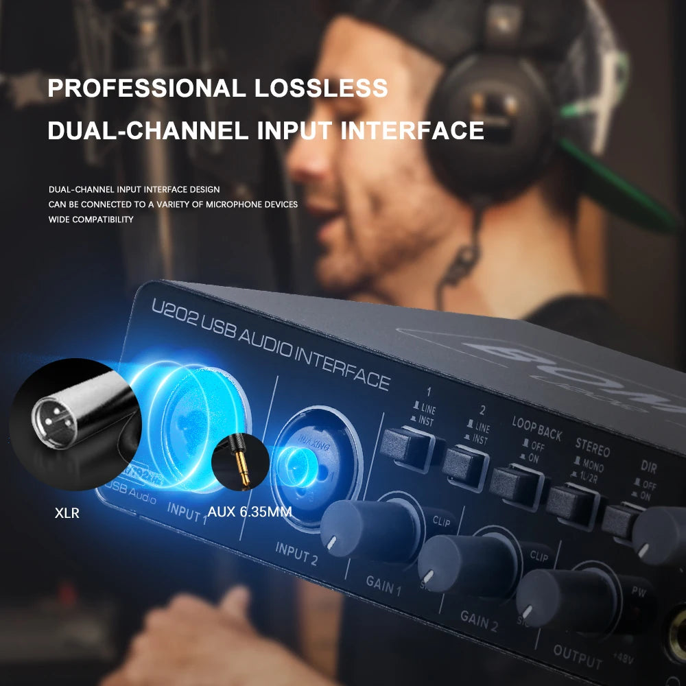 BOMGE U202 USB Audio Interface – 32-Bit Mic Preamp for Recording & Streaming