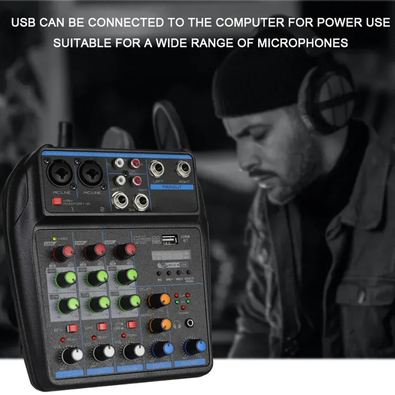 4-Channel DJ Mixer – Bluetooth Console with USB & 48V Phantom Power