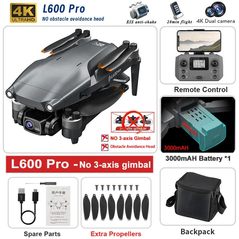 L600 PRO MAX 4K GPS Drone – Dual Camera, 3-Axis Gimbal & 360° Obstacle Avoidance