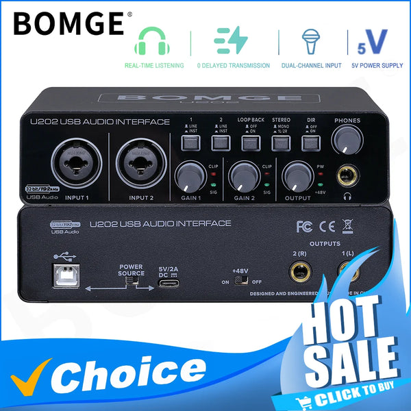 BOMGE U202 USB Audio Interface – 32-Bit Mic Preamp for Recording & Streaming
