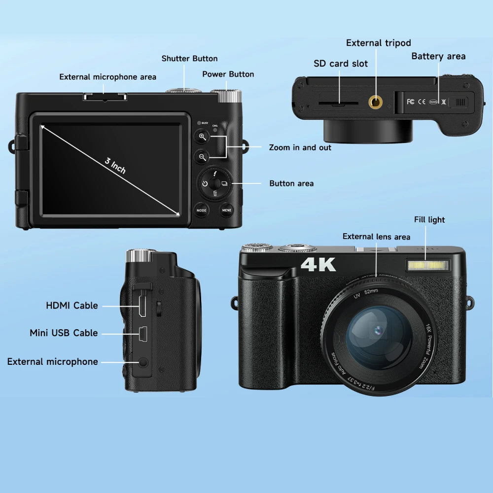 4K 48MP Digital Camera with Autofocus & 180° Flip Screen