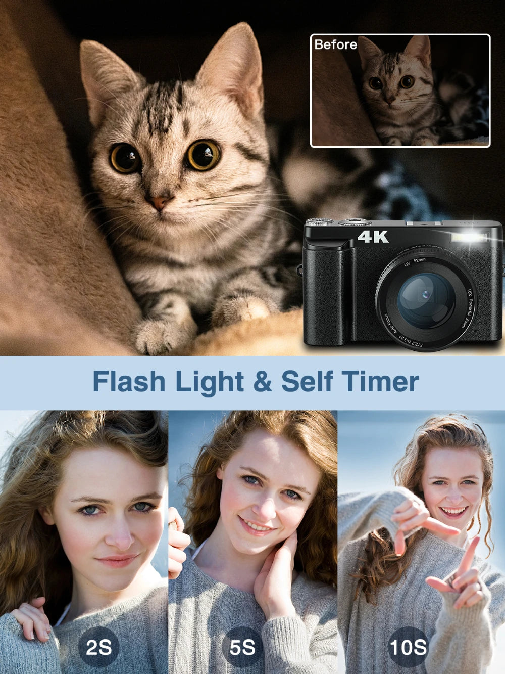 4K 48MP Digital Camera with Autofocus & 180° Flip Screen
