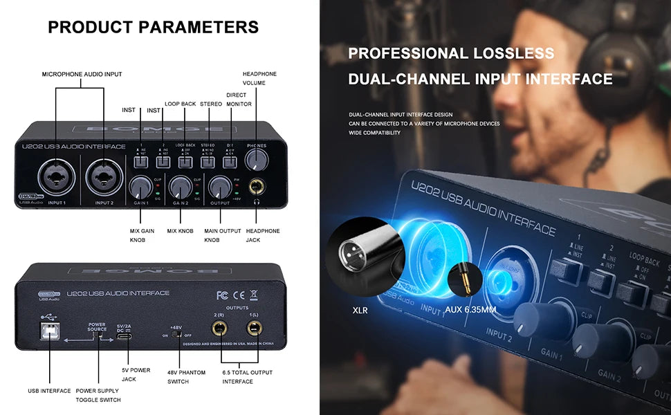 BOMGE U202 USB Audio Interface – 32-Bit Mic Preamp for Recording & Streaming