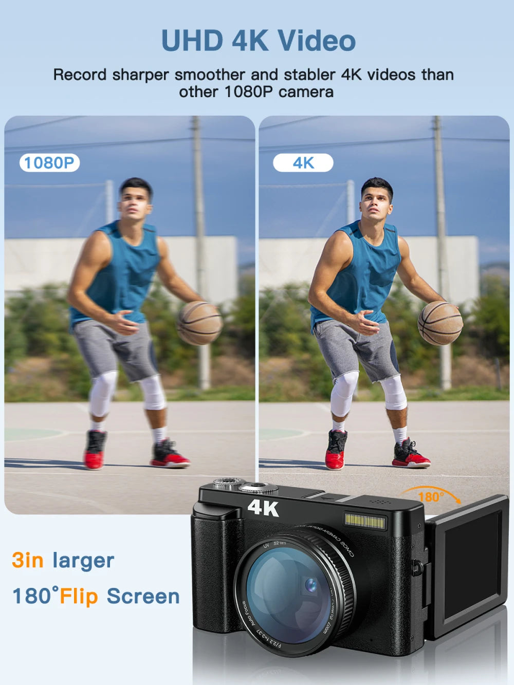 4K 48MP Digital Camera with Autofocus & 180° Flip Screen
