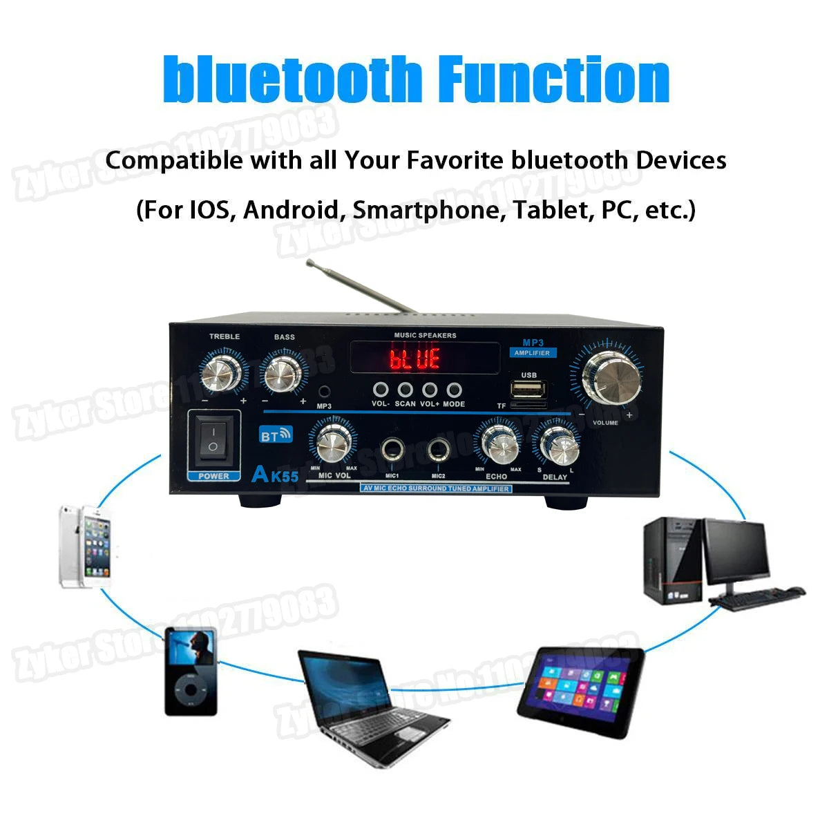 AK55 HiFi Bluetooth Amplifier – 2.0 Channel 90W×2 Surround Sound Amp