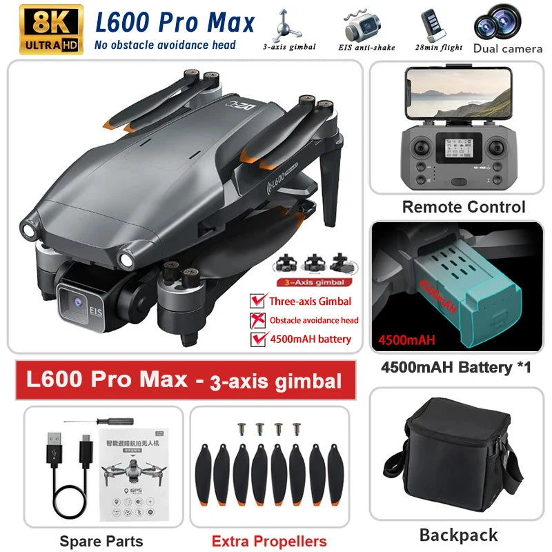 L600 PRO MAX 4K GPS Drone – Dual Camera, 3-Axis Gimbal & 360° Obstacle Avoidance