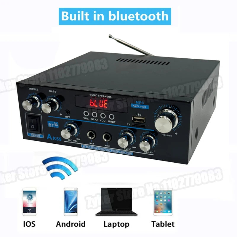 AK55 HiFi Bluetooth Amplifier – 2.0 Channel 90W×2 Surround Sound Amp