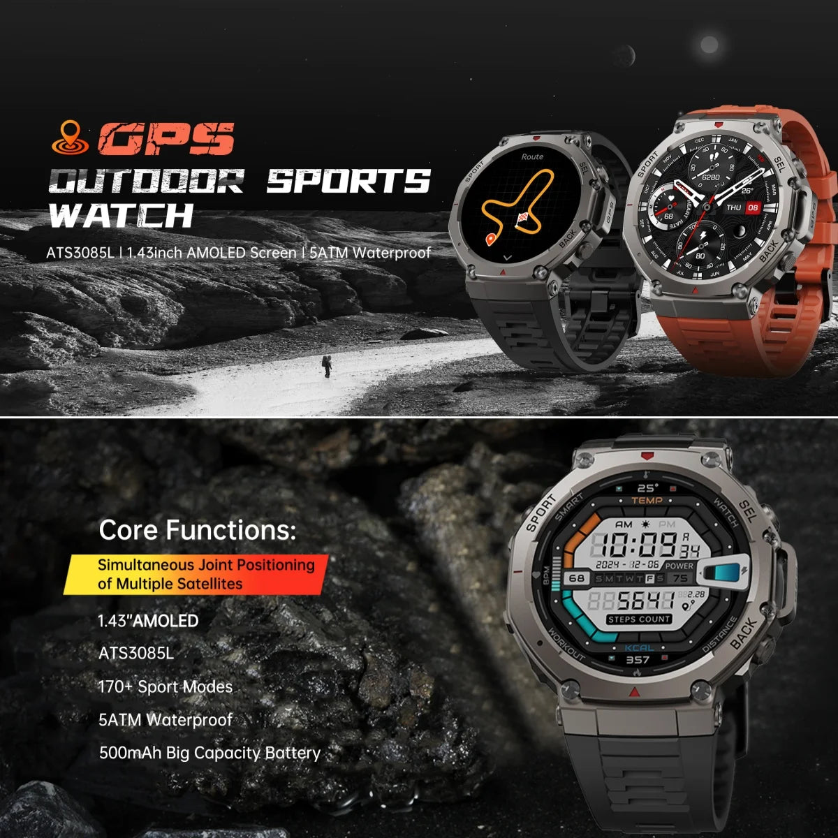 2025 GPS Smartwatch – AMOLED, Compass, Altimeter, 60-Day Battery, Bluetooth Call
