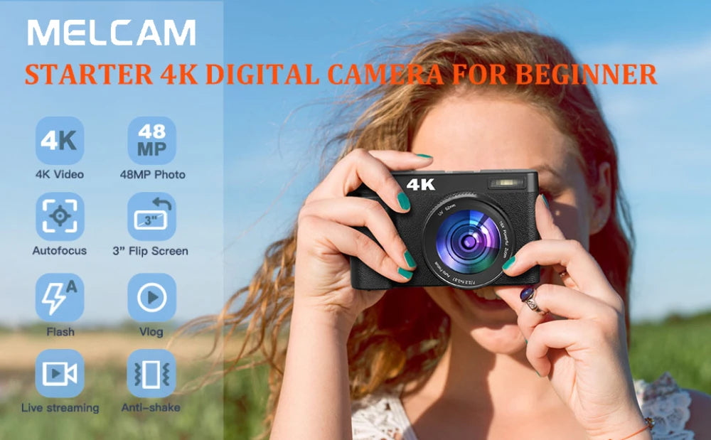 4K 48MP Digital Camera with Autofocus & 180° Flip Screen
